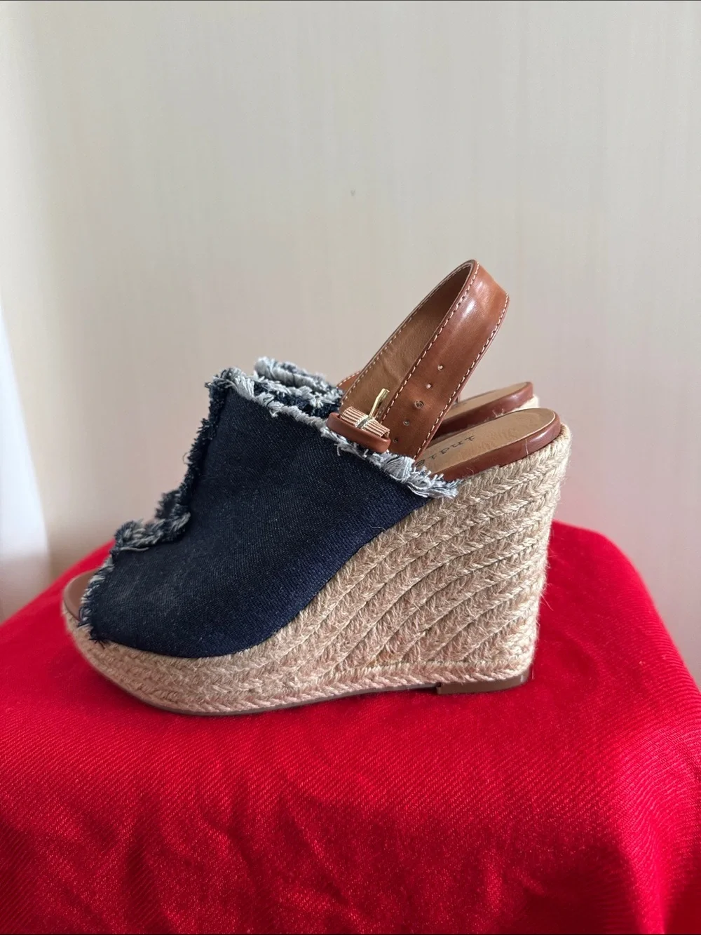 Indigo Denim Frayed Peep-Toe Platform Wedge Sandals - Blue